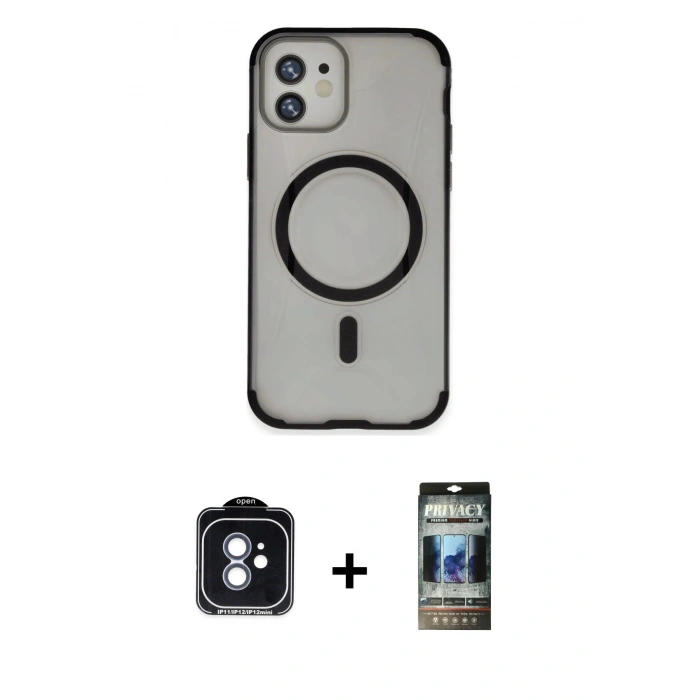 MARSİLYAN™- iPhone 11 Kılıf Eksen Klasik Koleksiyonu - Siyah 34D Hayalet Izgaralı Cam + PVD Metal Kamera Lens - MI