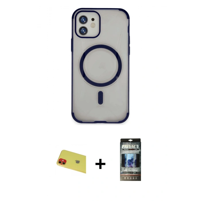MARSİLYAN™- iPhone 11 Kılıf Eksen Klasik Koleksiyonu - Siyah 34D Hayalet Izgaralı Cam + Rainbow Kamera Lens Koruma Cam - KI