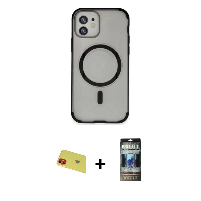 MARSİLYAN™- iPhone 11 Kılıf Eksen Klasik Koleksiyonu - Siyah 34D Hayalet Izgaralı Cam + Rainbow Kamera Lens Koruma Cam - KI