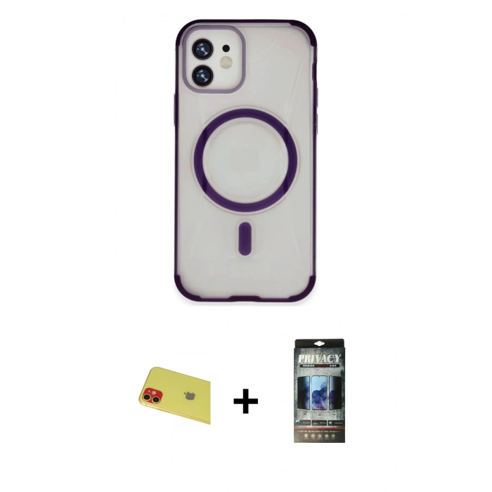 MARSİLYAN™- iPhone 11 Kılıf Eksen Klasik Koleksiyonu - Siyah 34D Hayalet Izgaralı Cam + Rainbow Kamera Lens Koruma Cam - KI