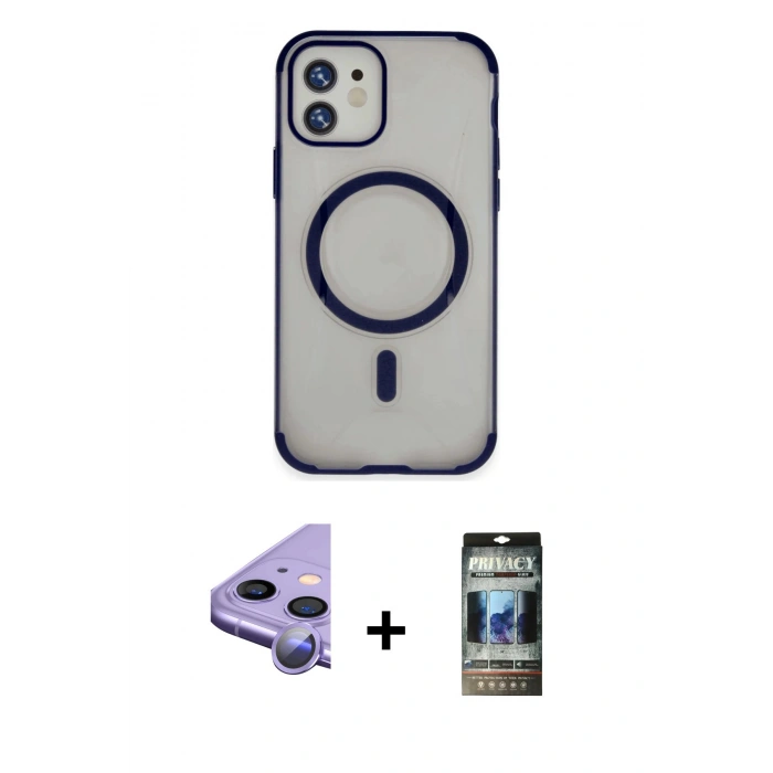 MARSİLYAN™- iPhone 11 Kılıf Eksen Klasik Koleksiyonu - Siyah 34D Hayalet Izgaralı Cam + Raze Metal Kamera Lens - MR