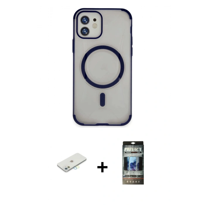 MARSİLYAN™- iPhone 11 Kılıf Eksen Klasik Koleksiyonu - Siyah 34D Hayalet Izgaralı Cam + Renkli Kamera Lens Koruma Cam - SI