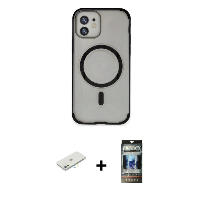 MARSİLYAN™- iPhone 11 Kılıf Eksen Klasik Koleksiyonu - Siyah 34D Hayalet Izgaralı Cam + Renkli Kamera Lens Koruma Cam - SI