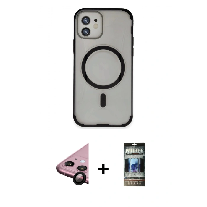 MARSİLYAN™- iPhone 11 Kılıf Eksen Klasik Koleksiyonu - Siyah 34D Hayalet Izgaralı Cam + Raze Metal Kamera Lens - SH