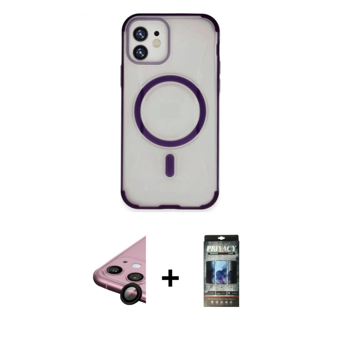 MARSİLYAN™- iPhone 11 Kılıf Eksen Klasik Koleksiyonu - Siyah 34D Hayalet Izgaralı Cam + Raze Metal Kamera Lens - SH