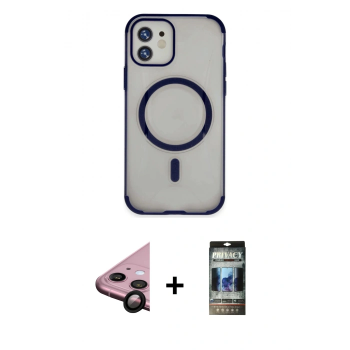MARSİLYAN™- iPhone 11 Kılıf Eksen Klasik Koleksiyonu - Siyah 34D Hayalet Izgaralı Cam + Raze Metal Kamera Lens - SH