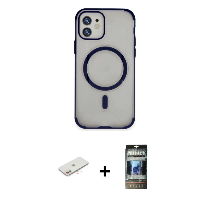 MARSİLYAN™- iPhone 11 Kılıf Eksen Klasik Koleksiyonu - Siyah 34D Hayalet Izgaralı Cam + Renkli Kamera Lens Koruma Cam - YL