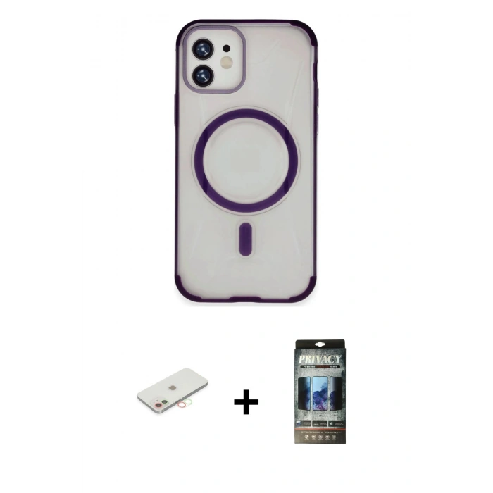 MARSİLYAN™- iPhone 11 Kılıf Eksen Klasik Koleksiyonu - Siyah 34D Hayalet Izgaralı Cam + Renkli Kamera Lens Koruma Cam - YL