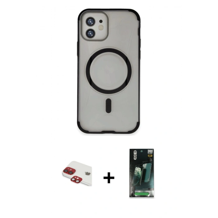 MARSİLYAN™- iPhone 11 Kılıf Eksen Klasik Koleksiyonu - Siyah 360 Mat Full Body Arka Koruyucu + Pers Alüminyum Kamera Lens - KI