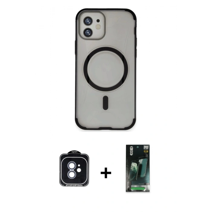 MARSİLYAN™- iPhone 11 Kılıf Eksen Klasik Koleksiyonu - Siyah 360 Mat Full Body Arka Koruyucu + PVD Metal Kamera Lens - MI
