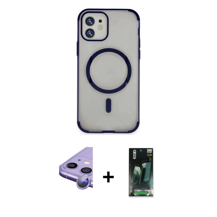 MARSİLYAN™- iPhone 11 Kılıf Eksen Klasik Koleksiyonu - Siyah 360 Mat Full Body Arka Koruyucu + Raze Metal Kamera Lens - MR