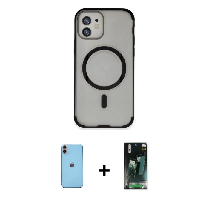 MARSİLYAN™- iPhone 11 Kılıf Eksen Klasik Koleksiyonu - Siyah 360 Mat Full Body Arka Koruyucu + Neon Fosforlu Kamera Lens - TU