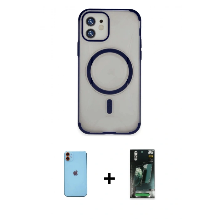 MARSİLYAN™- iPhone 11 Kılıf Eksen Klasik Koleksiyonu - Siyah 360 Mat Full Body Arka Koruyucu + Neon Fosforlu Kamera Lens - TU