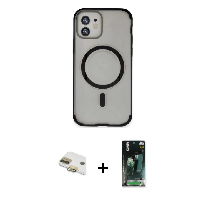 MARSİLYAN™- iPhone 11 Kılıf Eksen Klasik Koleksiyonu - Siyah 360 Mat Full Body Arka Koruyucu + Pers Alüminyum Kamera Lens - GD