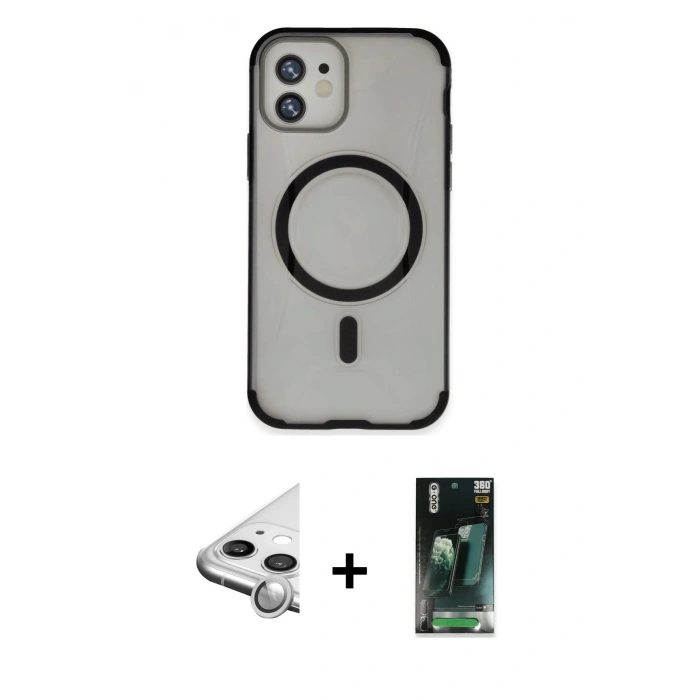 MARSİLYAN™- iPhone 11 Kılıf Eksen Klasik Koleksiyonu - Siyah 360 Mat Full Body Arka Koruyucu + Raze Metal Kamera Lens - GS
