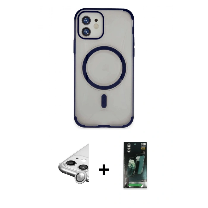 MARSİLYAN™- iPhone 11 Kılıf Eksen Klasik Koleksiyonu - Siyah 360 Mat Full Body Arka Koruyucu + Raze Metal Kamera Lens - GS