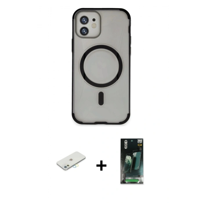 MARSİLYAN™- iPhone 11 Kılıf Eksen Klasik Koleksiyonu - Siyah 360 Mat Full Body Arka Koruyucu + Renkli Kamera Lens Koruma Cam - SI