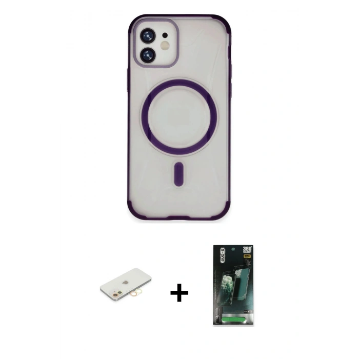 MARSİLYAN™- iPhone 11 Kılıf Eksen Klasik Koleksiyonu - Siyah 360 Mat Full Body Arka Koruyucu + Renkli Kamera Lens Koruma Cam - SI