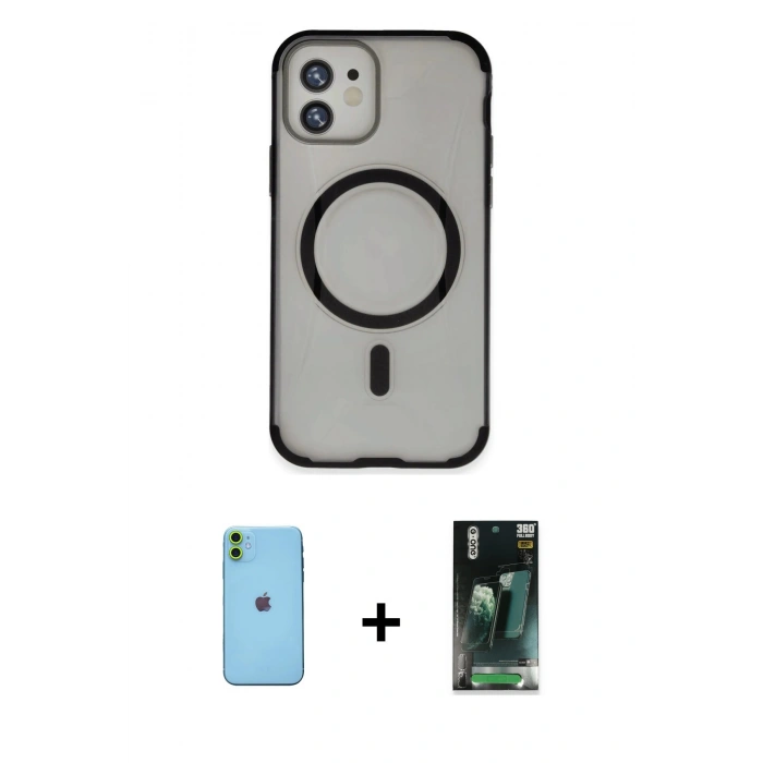 MARSİLYAN™- iPhone 11 Kılıf Eksen Klasik Koleksiyonu - Siyah 360 Mat Full Body Arka Koruyucu + Neon Fosforlu Kamera Lens - YL