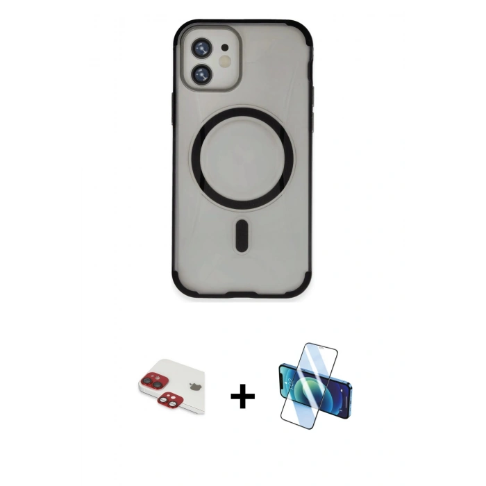 MARSİLYAN™- iPhone 11 Kılıf Eksen Klasik Koleksiyonu - Siyah 3D Antistatik Cam Ekran Koruyucu + Pers Alüminyum Kamera Lens - KI