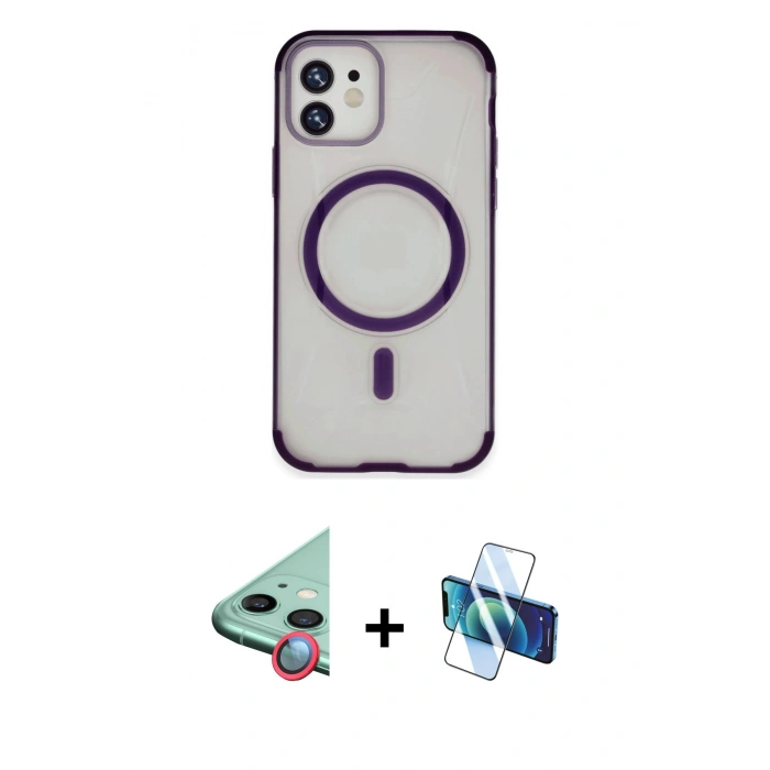 MARSİLYAN™- iPhone 11 Kılıf Eksen Klasik Koleksiyonu - Siyah 3D Antistatik Cam Ekran Koruyucu + Raze Metal Kamera Lens - KI