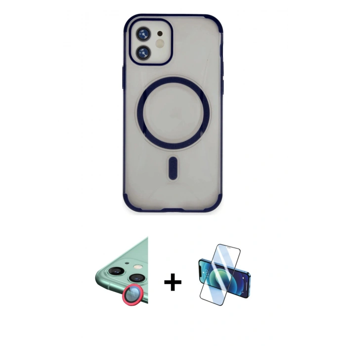 MARSİLYAN™- iPhone 11 Kılıf Eksen Klasik Koleksiyonu - Siyah 3D Antistatik Cam Ekran Koruyucu + Raze Metal Kamera Lens - KI