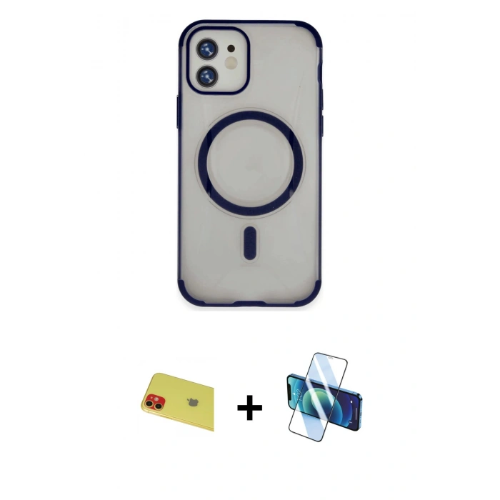 MARSİLYAN™- iPhone 11 Kılıf Eksen Klasik Koleksiyonu - Siyah 3D Antistatik Cam Ekran Koruyucu + Rainbow Kamera Lens Koruma Cam - KI
