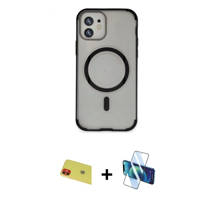 MARSİLYAN™- iPhone 11 Kılıf Eksen Klasik Koleksiyonu - Siyah 3D Antistatik Cam Ekran Koruyucu + Rainbow Kamera Lens Koruma Cam - KI