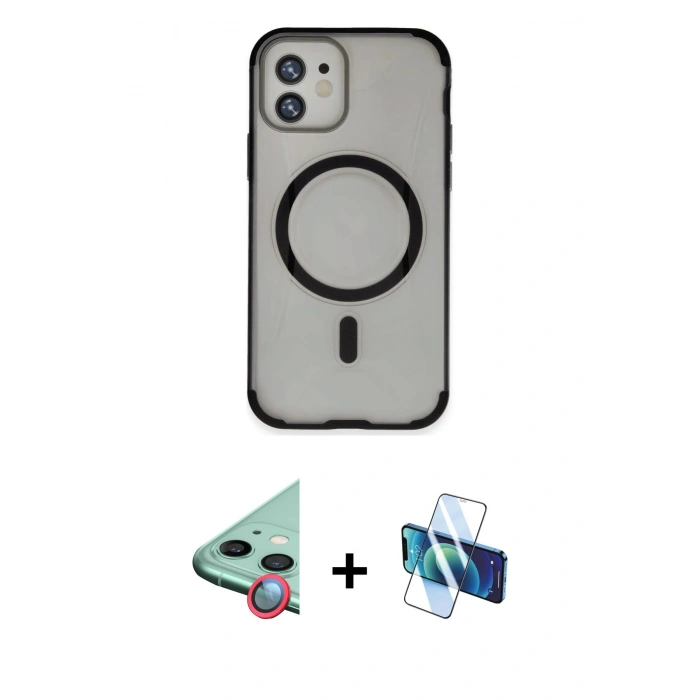 MARSİLYAN™- iPhone 11 Kılıf Eksen Klasik Koleksiyonu - Siyah 3D Antistatik Cam Ekran Koruyucu + Raze Metal Kamera Lens - KI