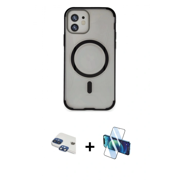 MARSİLYAN™- iPhone 11 Kılıf Eksen Klasik Koleksiyonu - Siyah 3D Antistatik Cam Ekran Koruyucu + Pers Alüminyum Kamera Lens - LT