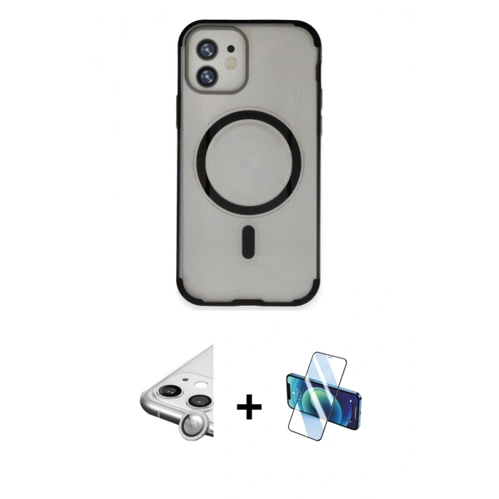MARSİLYAN™- iPhone 11 Kılıf Eksen Klasik Koleksiyonu - Siyah 3D Antistatik Cam Ekran Koruyucu + Raze Metal Kamera Lens - GS