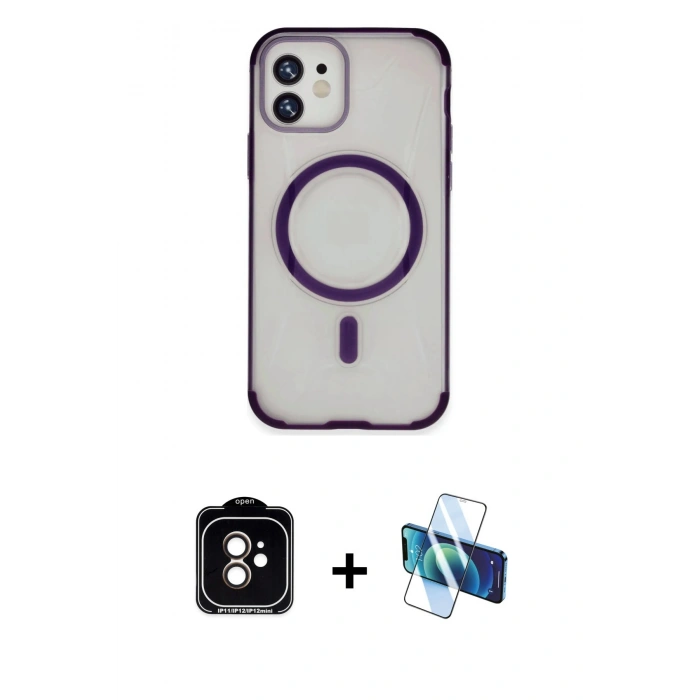 MARSİLYAN™- iPhone 11 Kılıf Eksen Klasik Koleksiyonu - Siyah 3D Antistatik Cam Ekran Koruyucu + PVD Metal Kamera Lens - TU