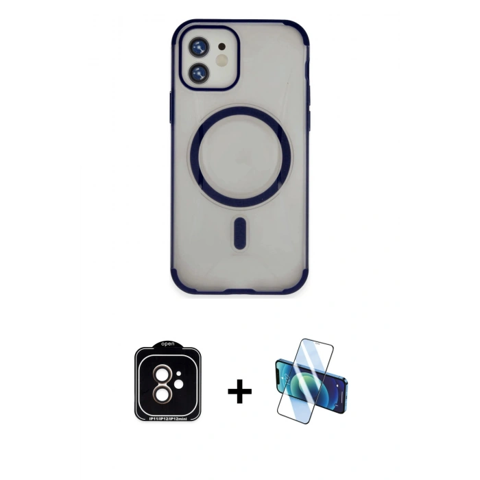 MARSİLYAN™- iPhone 11 Kılıf Eksen Klasik Koleksiyonu - Siyah 3D Antistatik Cam Ekran Koruyucu + PVD Metal Kamera Lens - TU
