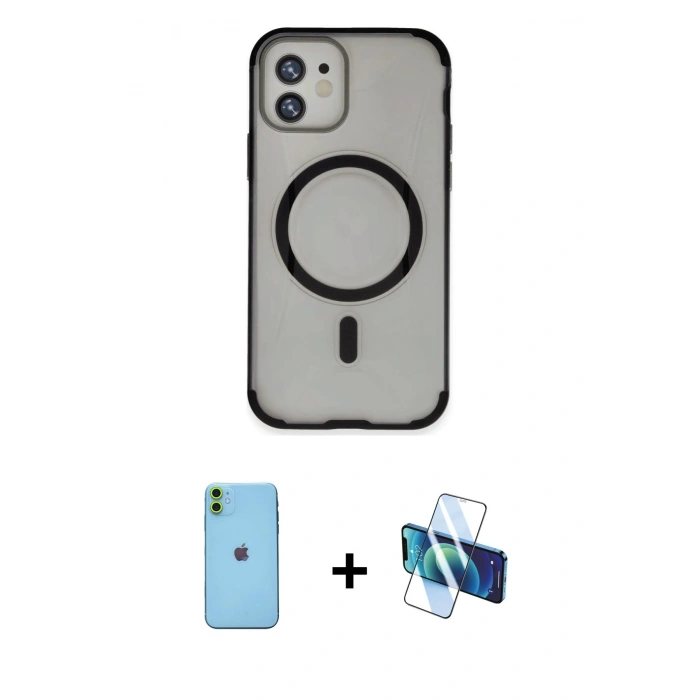 MARSİLYAN™- iPhone 11 Kılıf Eksen Klasik Koleksiyonu - Siyah 3D Antistatik Cam Ekran Koruyucu + Neon Fosforlu Kamera Lens - YL