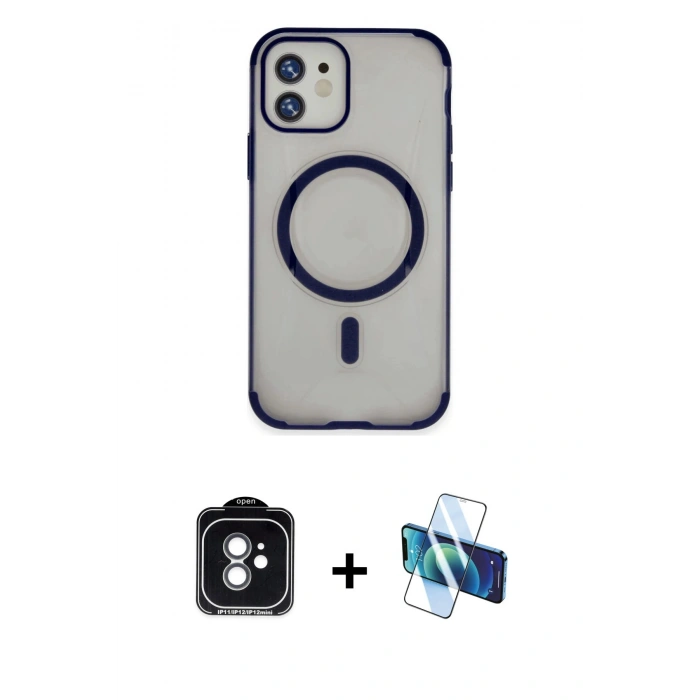 MARSİLYAN™- iPhone 11 Kılıf Eksen Klasik Koleksiyonu - Siyah 3D Antistatik Cam Ekran Koruyucu + PVD Metal Kamera Lens - YL