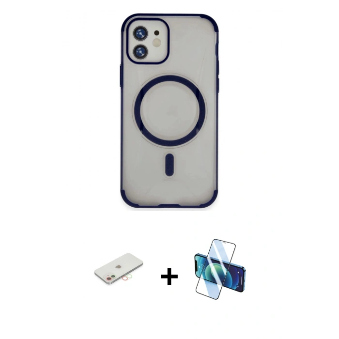 MARSİLYAN™- iPhone 11 Kılıf Eksen Klasik Koleksiyonu - Siyah 3D Antistatik Cam Ekran Koruyucu + Renkli Kamera Lens Koruma Cam - YL