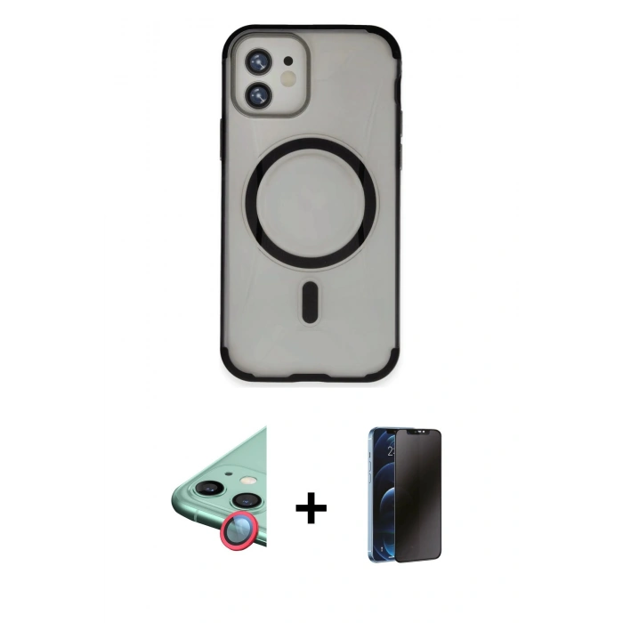 MARSİLYAN™- iPhone 11 Kılıf Eksen Klasik Koleksiyonu - Siyah 3D Antistatik Hayalet Cam Ekran Koruyucu + Raze Metal Kamera Lens - KI