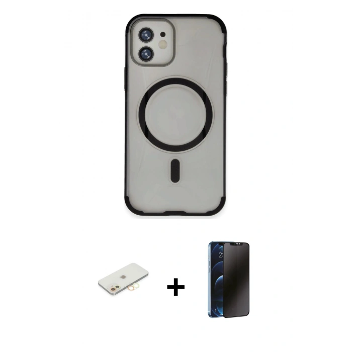 MARSİLYAN™- iPhone 11 Kılıf Eksen Klasik Koleksiyonu - Siyah 3D Antistatik Hayalet Cam Ekran Koruyucu + Renkli Kamera Lens Koruma Cam - SI