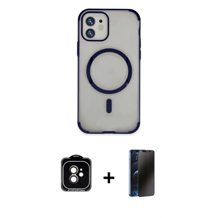 MARSİLYAN™- iPhone 11 Kılıf Eksen Klasik Koleksiyonu - Siyah 3D Antistatik Hayalet Cam Ekran Koruyucu + PVD Metal Kamera Lens - TU