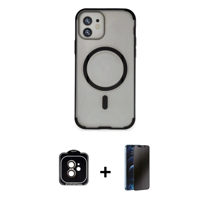 MARSİLYAN™- iPhone 11 Kılıf Eksen Klasik Koleksiyonu - Siyah 3D Antistatik Hayalet Cam Ekran Koruyucu + PVD Metal Kamera Lens - TU