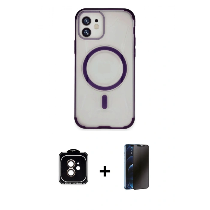 MARSİLYAN™- iPhone 11 Kılıf Eksen Klasik Koleksiyonu - Siyah 3D Antistatik Hayalet Cam Ekran Koruyucu + PVD Metal Kamera Lens - TU