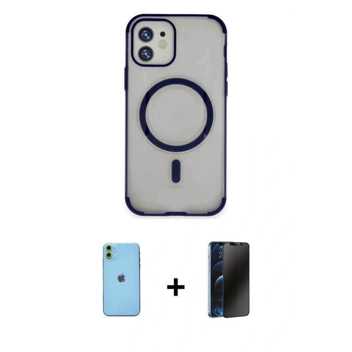 MARSİLYAN™- iPhone 11 Kılıf Eksen Klasik Koleksiyonu - Siyah 3D Antistatik Hayalet Cam Ekran Koruyucu + Neon Fosforlu Kamera Lens - YL