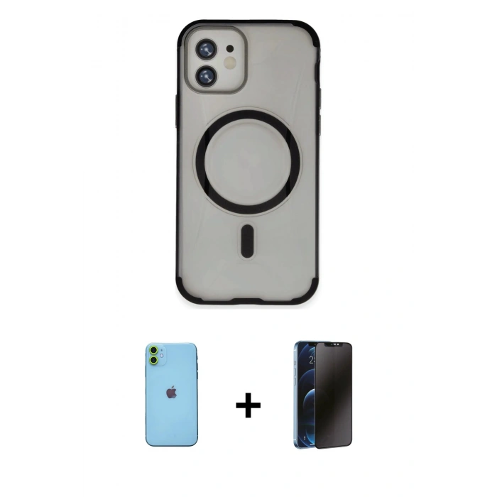 MARSİLYAN™- iPhone 11 Kılıf Eksen Klasik Koleksiyonu - Siyah 3D Antistatik Hayalet Cam Ekran Koruyucu + Neon Fosforlu Kamera Lens - YL