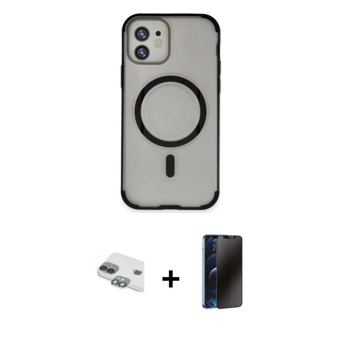 MARSİLYAN™- iPhone 11 Kılıf Eksen Klasik Koleksiyonu - Siyah 3D Antistatik Hayalet Cam Ekran Koruyucu + Pers Alüminyum Kamera Lens - YL