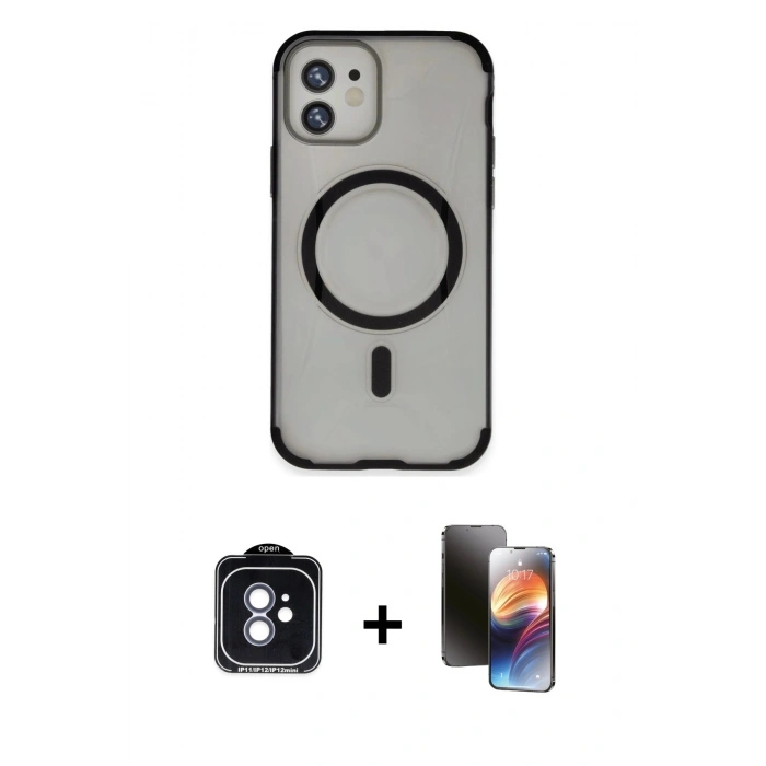 MARSİLYAN™- iPhone 11 Kılıf Eksen Klasik Koleksiyonu - Siyah 3D Antistatik Mat Seramik Nano Ekran Koruyucu + PVD Metal Kamera Lens - MI