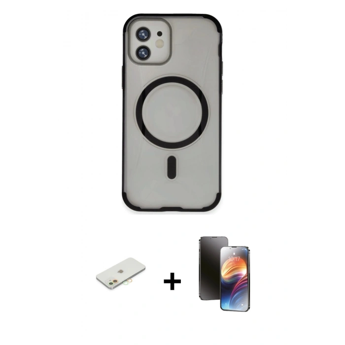 MARSİLYAN™- iPhone 11 Kılıf Eksen Klasik Koleksiyonu - Siyah 3D Antistatik Mat Seramik Nano Ekran Koruyucu + Renkli Kamera Lens Koruma Cam - TU