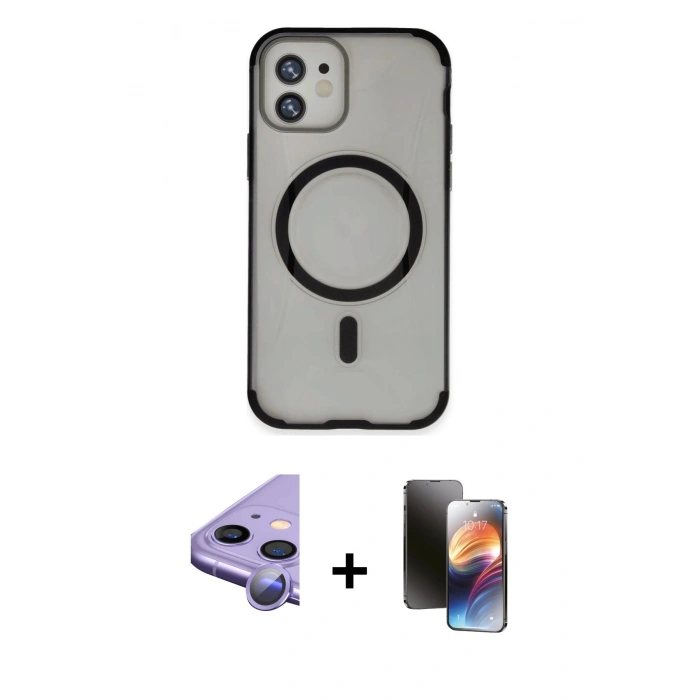 MARSİLYAN™- iPhone 11 Kılıf Eksen Klasik Koleksiyonu - Siyah 3D Antistatik Mat Seramik Nano Ekran Koruyucu + Raze Metal Kamera Lens - MR