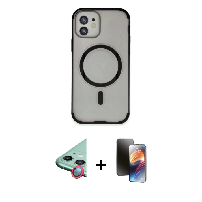MARSİLYAN™- iPhone 11 Kılıf Eksen Klasik Koleksiyonu - Siyah 3D Antistatik Mat Seramik Nano Ekran Koruyucu + Raze Metal Kamera Lens - KI