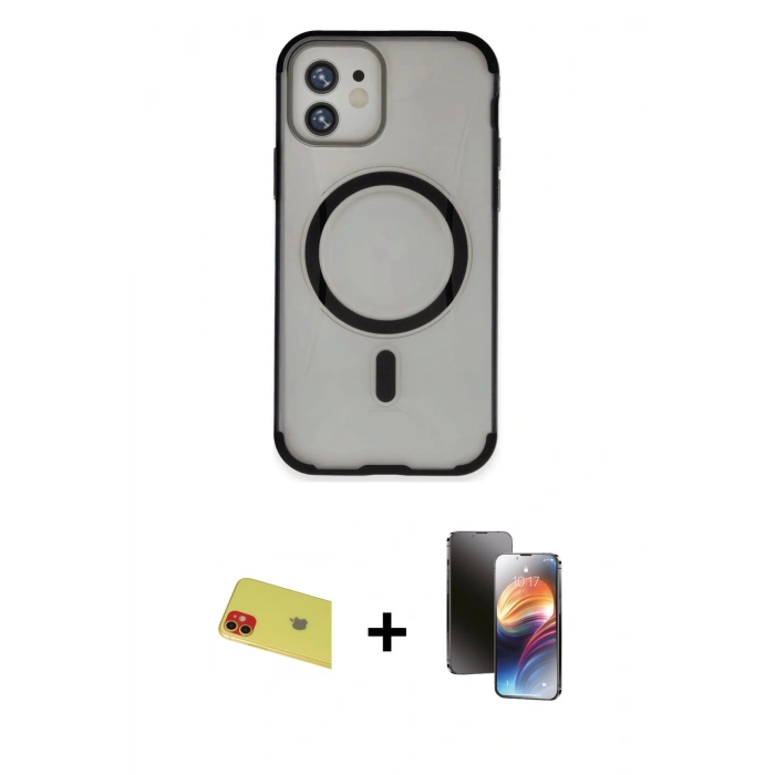 MARSİLYAN™- iPhone 11 Kılıf Eksen Klasik Koleksiyonu - Siyah 3D Antistatik Mat Seramik Nano Ekran Koruyucu + Rainbow Kamera Lens Koruma Cam - KI