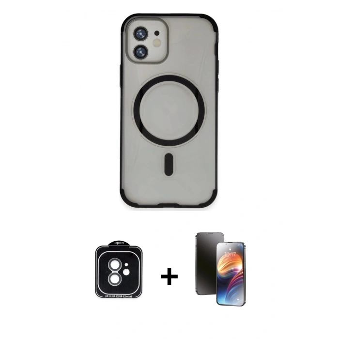 MARSİLYAN™- iPhone 11 Kılıf Eksen Klasik Koleksiyonu - Siyah 3D Antistatik Mat Seramik Nano Ekran Koruyucu + PVD Metal Kamera Lens - YL